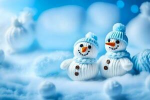 two snowmen are wearing knitted hats and are sitting on a blue background. AI-Generated photo