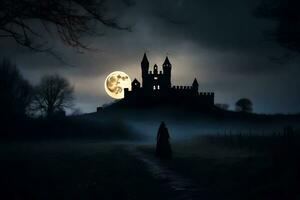 a man in a cloak walks through a foggy field at night. AI-Generated photo