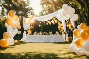a wedding reception with white and gold balloons. AI-Generated photo