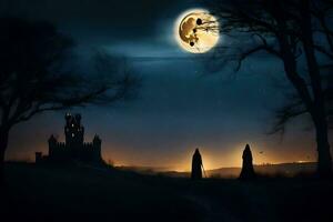 a full moon over a graveyard with trees and a castle. AI-Generated photo