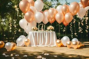 a table with balloons and flowers in the background. AI-Generated photo