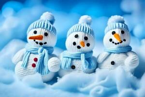 three snowmen wearing hats and scarves. AI-Generated photo