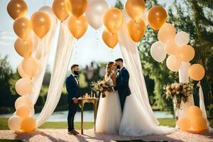 wedding couple under a golden balloon arch. AI-Generated photo