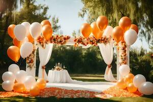 an outdoor wedding ceremony with orange and white balloons. AI-Generated photo