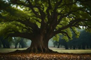 a large tree in the middle of a field. AI-Generated photo