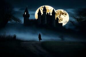 a person walking in front of a castle at night. AI-Generated photo