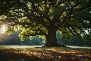 the sun shines through the leaves of a large tree. AI-Generated photo