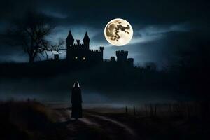 a woman walks down a path in front of a castle at night. AI-Generated photo