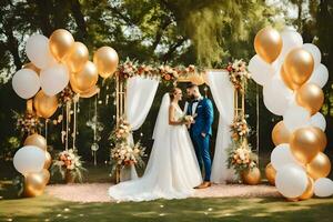 Boda ceremonia con oro y blanco globos generado por ai foto