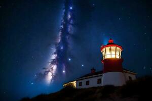 a lighthouse with a starry sky and a light shining. AI-Generated photo