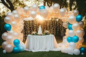 a wedding arch made of balloons and white and blue balloons. AI-Generated photo