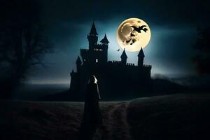 a woman in a black cloak stands in front of a castle with a full moon. AI-Generated photo