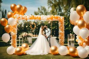 a bride and groom kiss under a golden and white balloon arch. AI-Generated photo