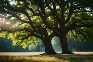 two large trees in a field with the sun shining through. AI-Generated photo