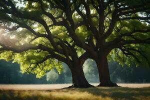 two large trees in a field with the sun shining through. AI-Generated photo