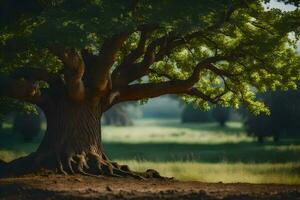 a large tree in the middle of a field. AI-Generated photo