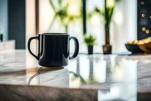 black coffee mug on a marble countertop. AI-Generated photo