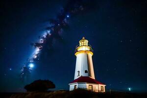 un faro con un estrellado cielo y lechoso en el antecedentes. generado por ai foto