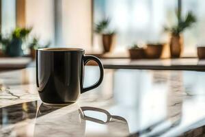 a black coffee cup on a marble counter. AI-Generated photo