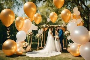 a bride and groom standing under a large gold balloon arch. AI-Generated photo