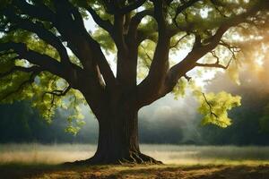 un grande árbol en el medio de un campo. generado por ai foto