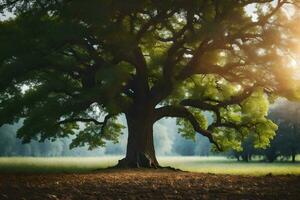 un roble árbol en el medio de un campo. generado por ai foto