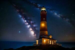 el faro a noche con estrellas en el cielo. generado por ai foto