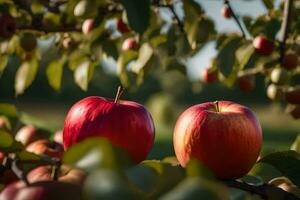 two apples are sitting on a tree branch. AI-Generated photo