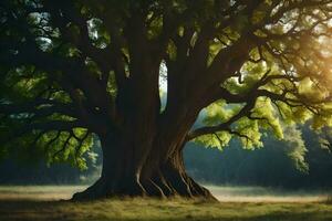 el Dom brilla mediante el hojas de un grande árbol. generado por ai foto