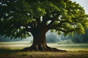 un antiguo roble árbol en un campo. generado por ai foto