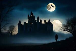 halloween castle with bats flying over it at night. AI-Generated photo