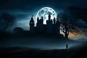 a castle in the dark with a full moon. AI-Generated photo