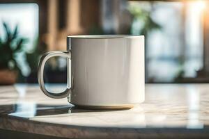 a white mug on a marble counter. AI-Generated photo