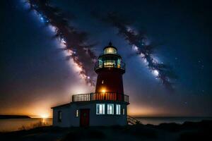 a lighthouse with stars in the sky and a light shining. AI-Generated photo