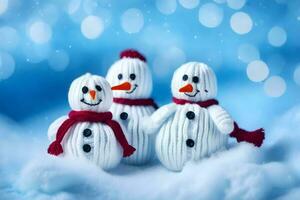 three snowmen are standing in the snow. AI-Generated photo