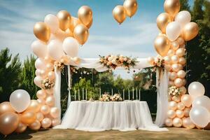 a wedding table covered in balloons and white tulle. AI-Generated photo
