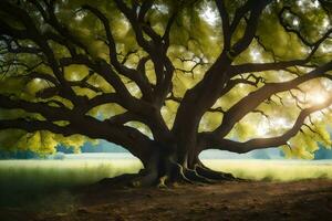 el Dom brilla mediante el ramas de un grande árbol. generado por ai foto
