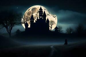 a castle in the dark with a full moon. AI-Generated photo