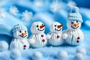 snowmen are made from knitted yarn and are sitting in a row. AI-Generated photo