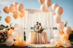 wedding couple under a white and peach colored balloon arch. AI-Generated photo