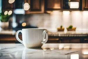 un café taza sentado en un mostrador en un cocina. generado por ai foto