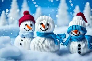 three snowmen wearing hats and scarves. AI-Generated photo