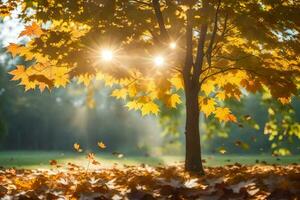autumn leaves fall on the ground in front of a tree. AI-Generated photo