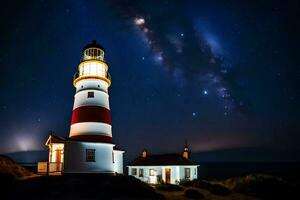 a lighthouse lit up at night with the milky in the background. AI-Generated photo