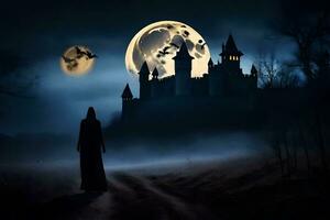 un mujer en un negro capa camina en frente de un castillo a noche. generado por ai foto