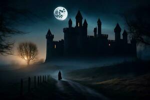 a dark castle in the fog with a full moon. AI-Generated photo