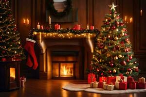 christmas tree in a room with fireplace. AI-Generated photo