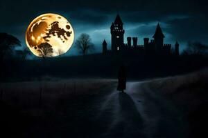 a person walking in front of a castle with a full moon. AI-Generated photo