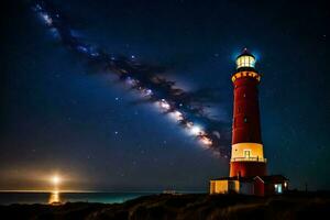 a lighthouse with a starry sky above it. AI-Generated photo