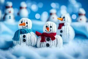 snowmen are made from yarn and are sitting on a blue background. AI-Generated photo